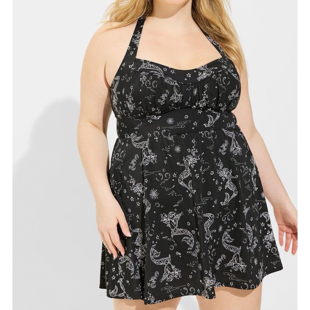 Torrid Black Mermaid Print Retro Wireless Long Swim Dress Swimsuit 2X 18 20 - Picture 5 of 14